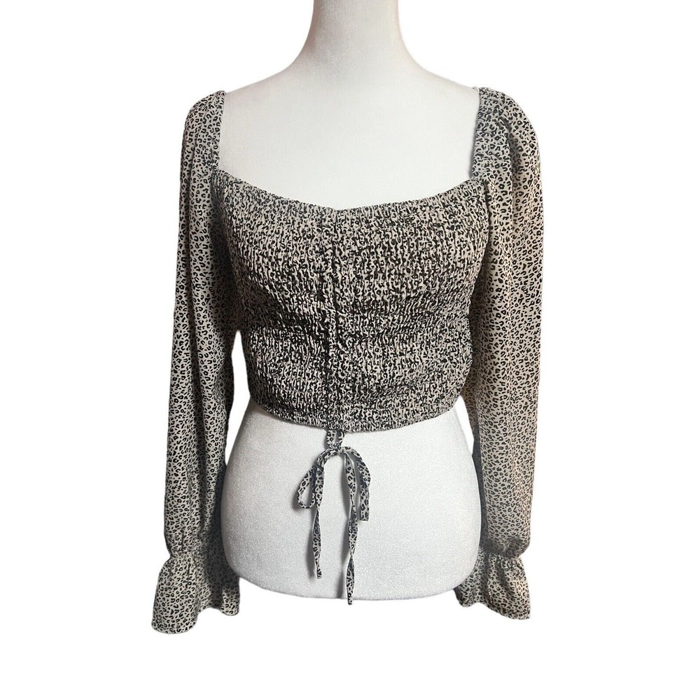 Le Lis Womens Animal Print Sheer Balloon Sleeve Smocked Tie Crop Top Size Small